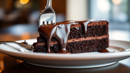 Obraz premium Moist Chocolate Cake Slice with Rich Chocolate Sauce – Decadent Dessert Close-Up