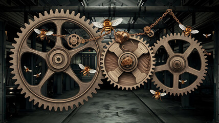 Industrial gears honeybees steampunk aesthetic intricate machinery