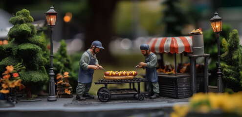 Grilling hot dogs at a miniature street vendor scene surrounded by trees and lamps in a cozy park setting