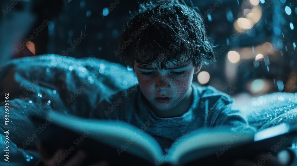 Poster A young boy with freckles reading a book under a snowfall effect with blurred background and warm lights giving an intimate cozy atmosphere