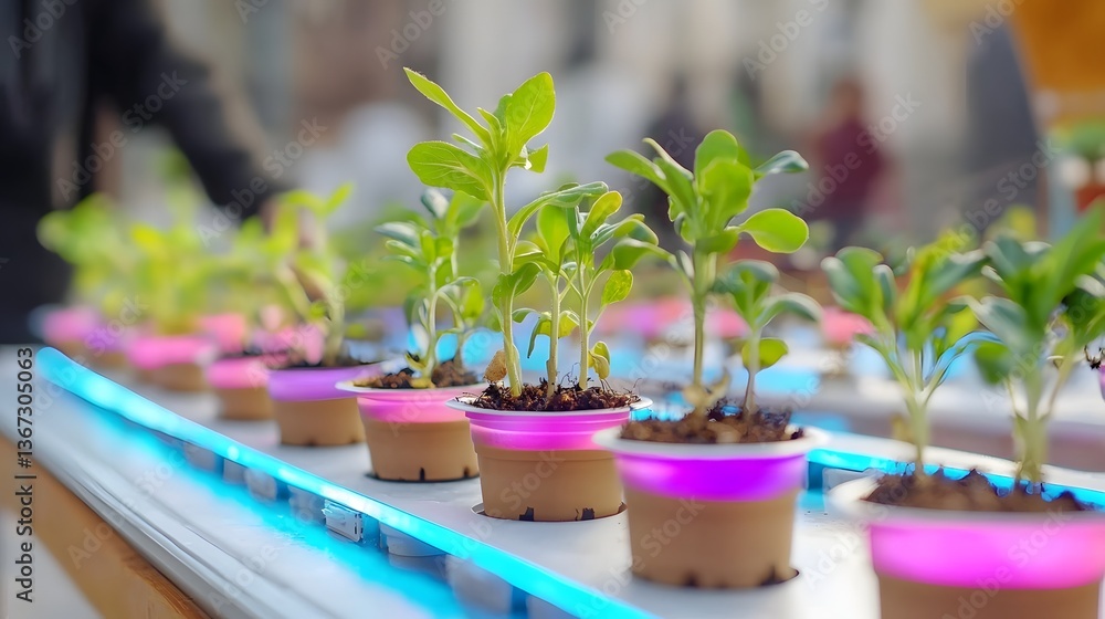 Aufkleber futuristic smart garden concept with glowing plants responsive to levels and interactive sensor base