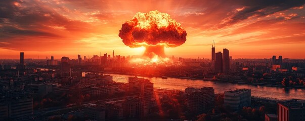 huge natural disaster or nuclear explosion mushroom cloud effect over city skyline for apocalyptical aftermath of nuclear attach or the use of mass destruction weapons. Generative AI