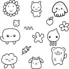 Cute doodle abstract animals and various objects set