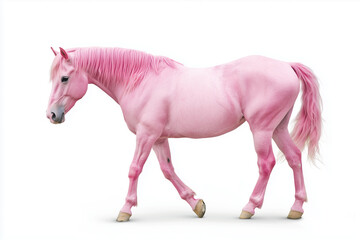Unique pink horse walking gracefully in a bright studio environment showcasing its unusual color and striking mane under soft lighting during the day