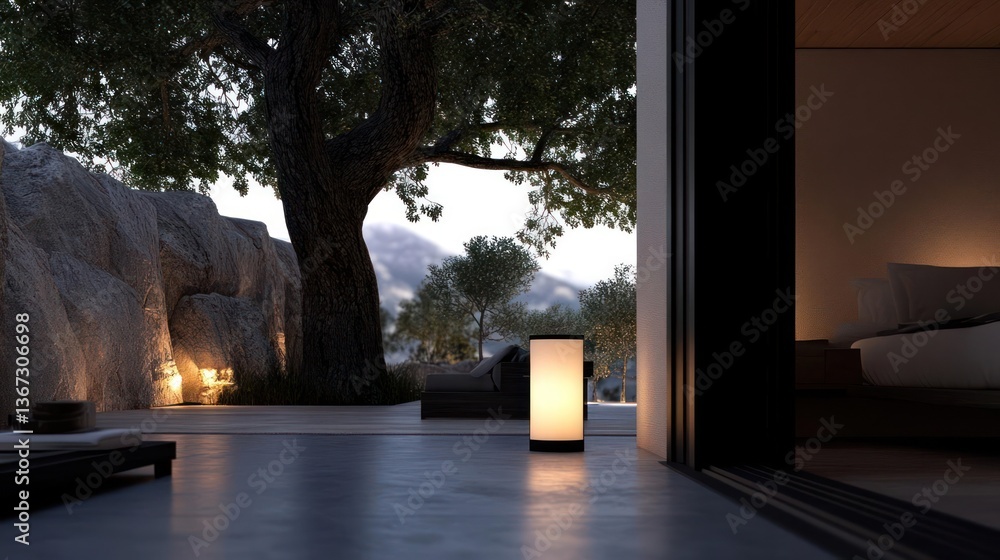 Poster evening outdoor scene with a terrace featuring a lit lantern facing a rocky wall and a bed visible t