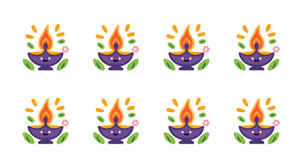 Obraz premium Cute diyas (lamps) in purple, orange, and green. 