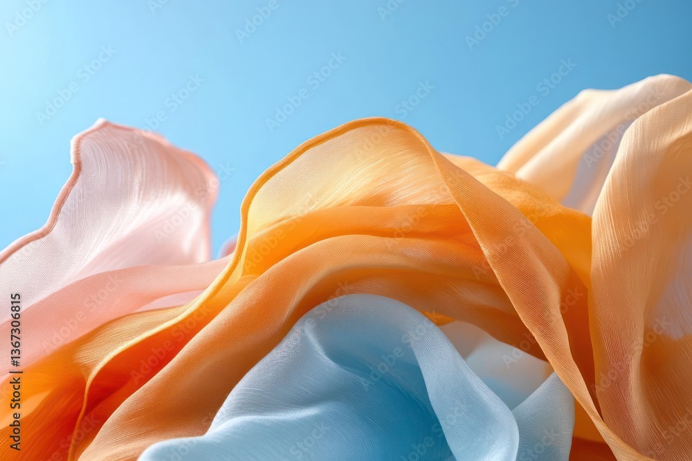Poster abstract textile composition with various layers of flowing fabrics in orange beige and blue shades 
