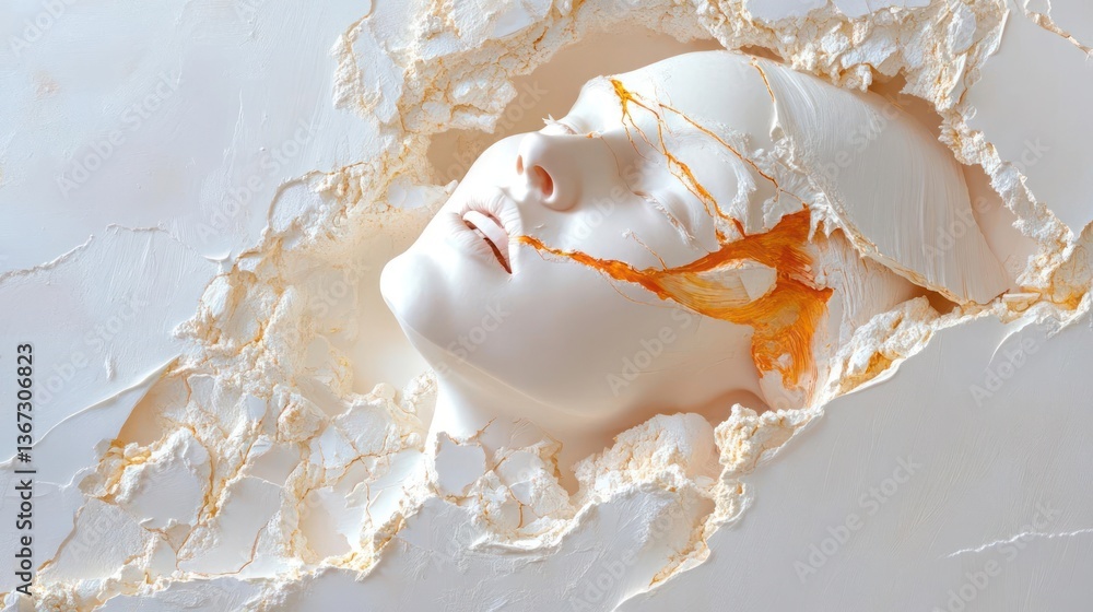Poster sculptural artwork of a white face emerging from a textured white and gold background capturing a se