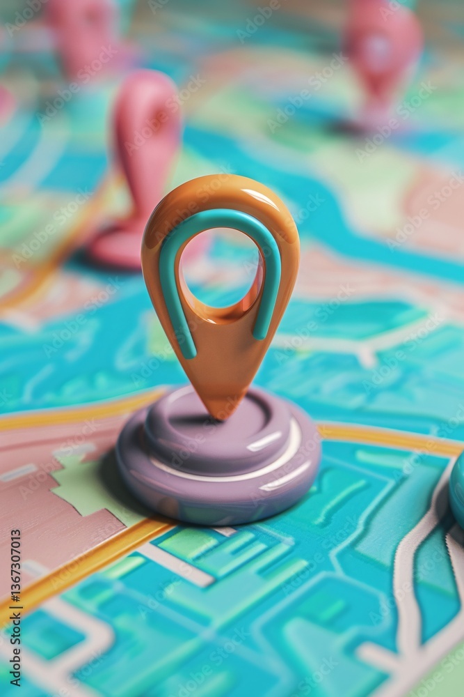 Poster vibrant map with a 3d location pin showcasing a travel destination, symbolizing tourism and explorat
