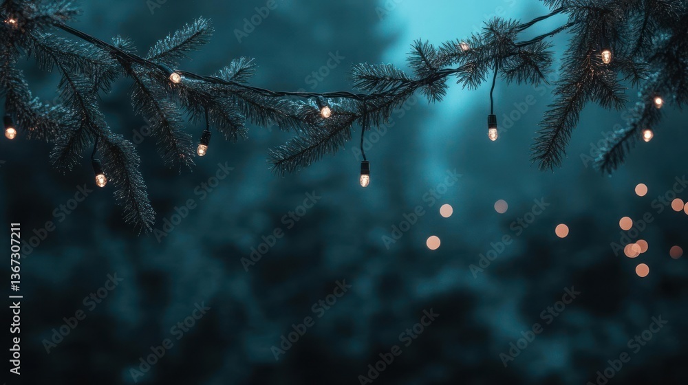 Poster Close up of a coniferous branch adorned with glowing fairy lights against a blurred turquoise background creating a festive ambiance