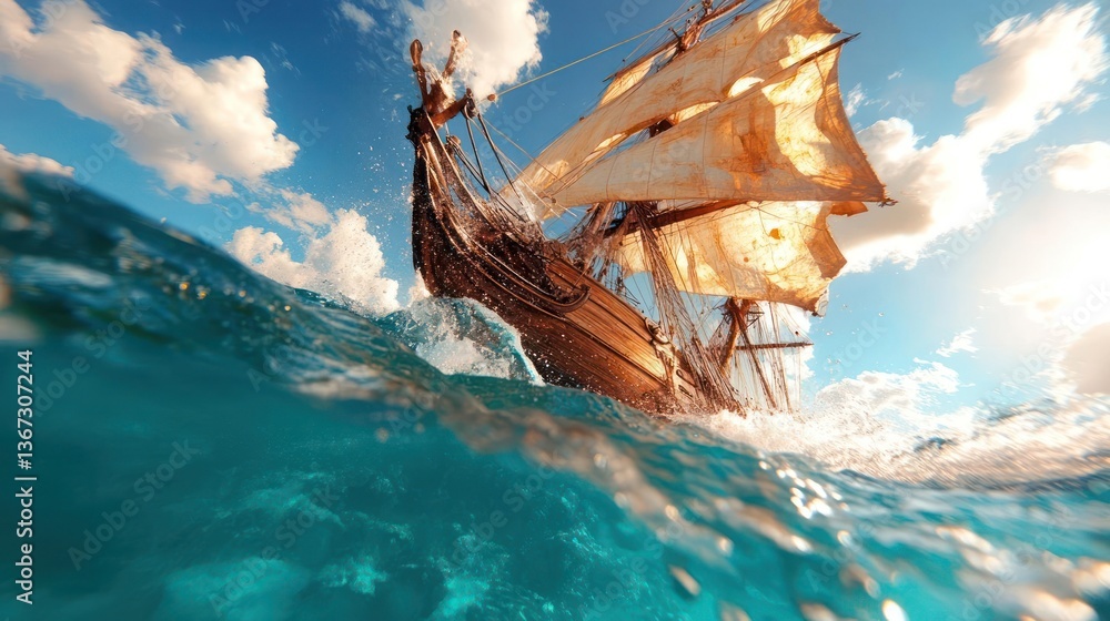 Poster sailing ship navigating rough turquoise waters under a cloudy sky with sun, captured from water leve