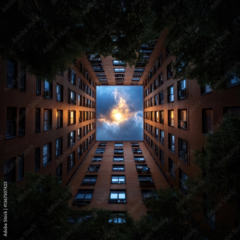 Aufkleber Low angle view of a brick building courtyard with a square of sky visible sunlight breaking through clouds framed by trees creating an interesting perspective