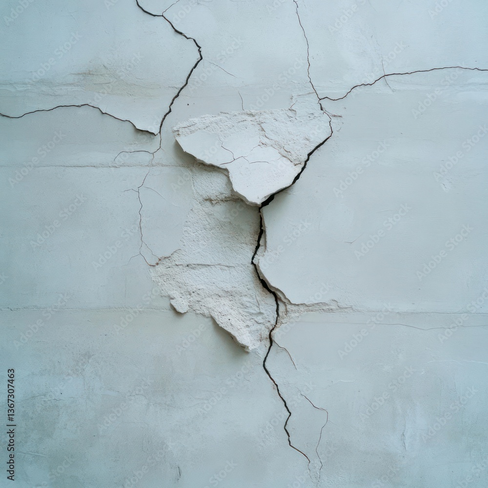 Poster close up of a white cracked wall with detailed textures and deep fissures showing aged damage or str