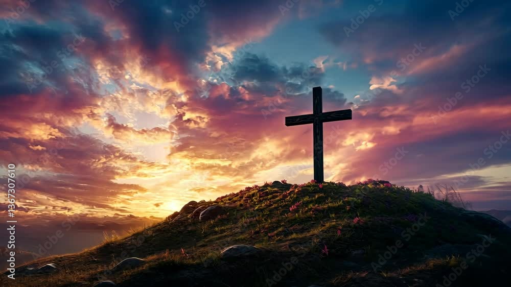 Poster sunset view of cross on hilltop surrounded by clouds in twilight sky