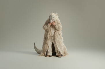 Obraz premium Unique portrayal of a person in a textured creature costume enhancing dramatic expression in a minimalist studio setting