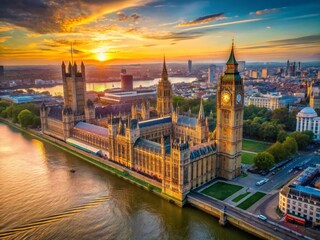 Obraz premium Aerial View of London Parliament Buildings and Clock Tower at Sunset
