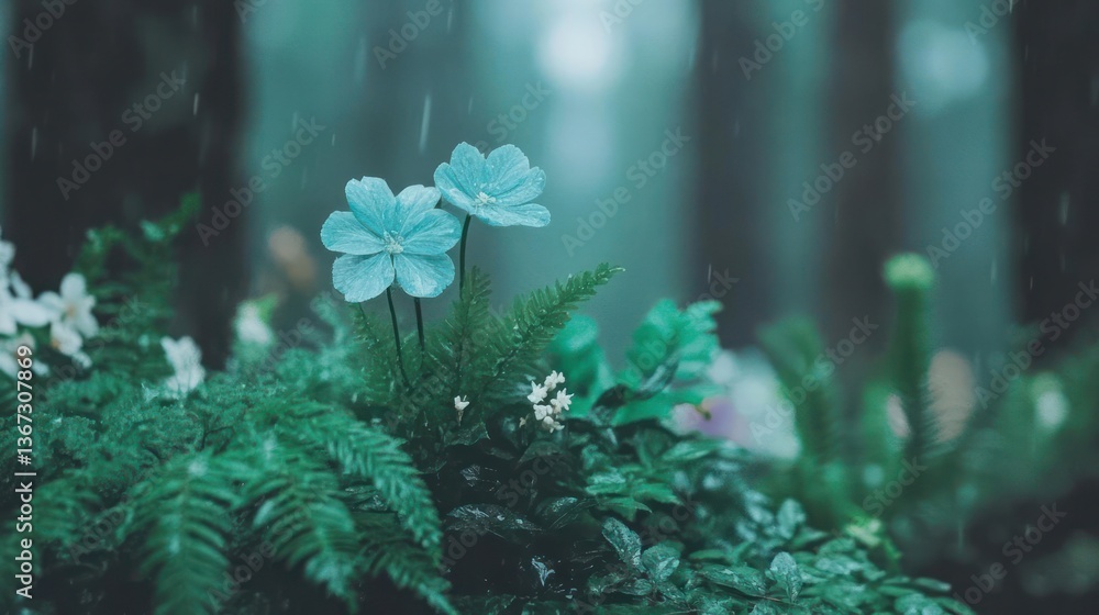 Fototapete close-up of delicate blue flowers and green foliage in a misty forest setting. soft lighting emphasi