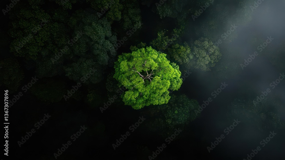 Poster aerial view of a vibrant green tree surrounded by a dark forest with sunlight streaming through the 