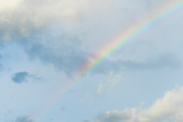 Dramatic blue clouds and rainbow in sunset sky. Amazing sky landscape. The sky that gives happiness and peace