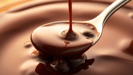 Spoon Dipping in Melted Chocolate with Chocolate Chips &ndash; Rich and Creamy Dessert Texture