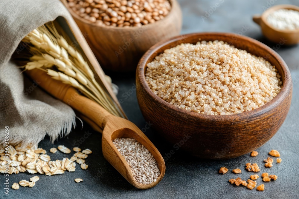 Poster various grains and seeds presented in wooden bowls and a scoop with wheat stalks on a dark textured 