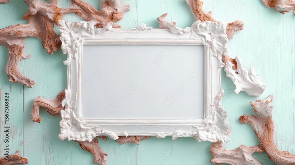 Poster white ornate picture frame with blank space on a turquoise wood surface with coral-like decorations 