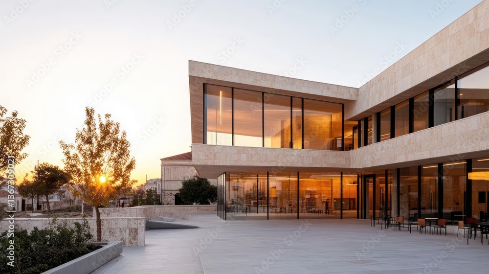 Poster modern stone building exterior with large windows reflecting sunset light creating a warm atmosphere