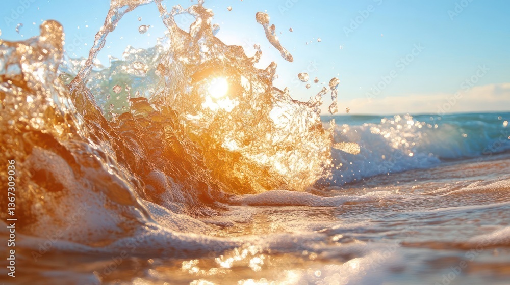 Aufkleber close up view of wave crashing at beach with bright sunlight and golden color with light blue sky in