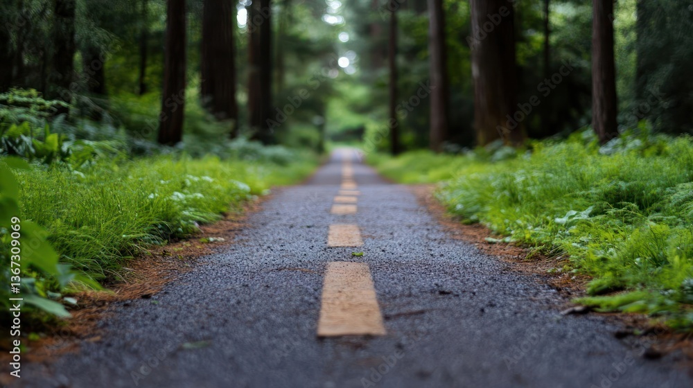 Aufkleber pathway through a green forest with tall trees and a yellow centerline. the ground has fresh green g