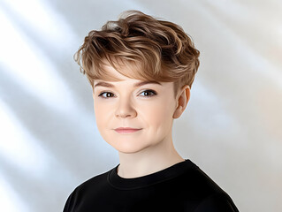 Photo Of A Young Blonde Woman Portrait In Studio with Light Background