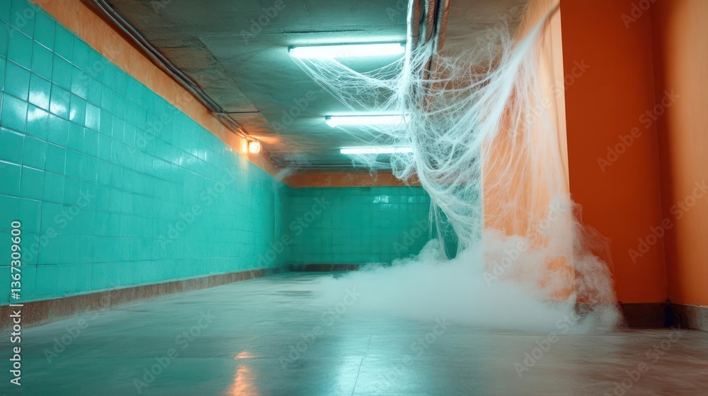 Poster long concrete tunnel with turquoise tile walls orange ceiling and white fog or spiderweb effect with