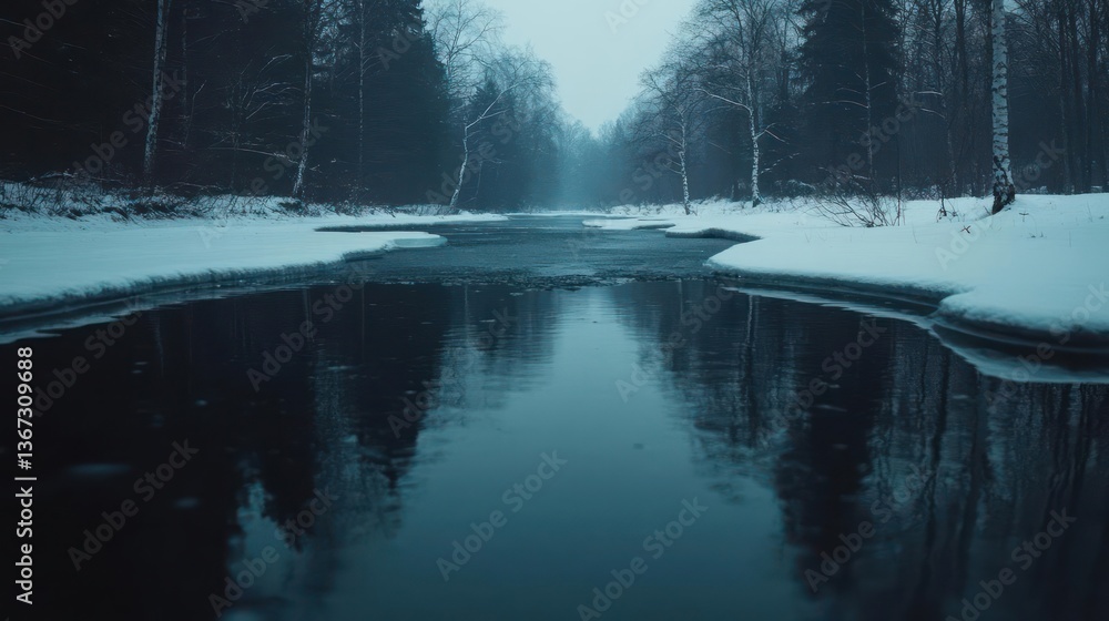 Poster a serene winter landscape with a partially frozen river reflecting the overcast sky flanked by snow 