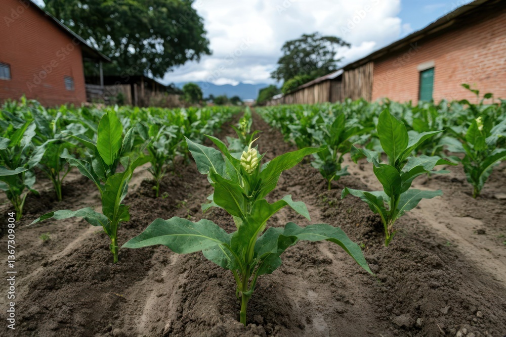 Poster Close view of rows of crops growing in a field with two buildings with trees under a cloudy sky. Agriculture farmland concept with earth tone colors