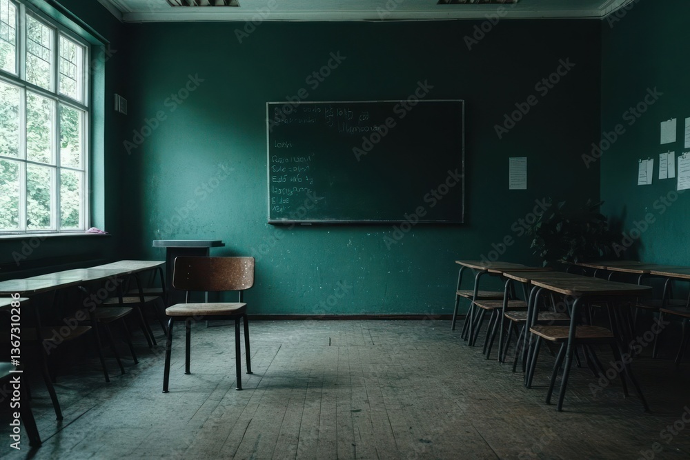 Poster Empty classroom with teal walls, chalkboard, rows of desks and natural light from window, creates a nostalgic or abandoned atmosphere