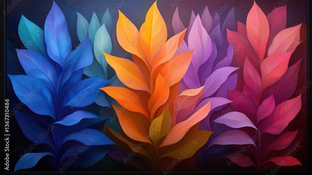 Poster colorful abstract leaves composition with vibrant hues on black background showcasing texture and di