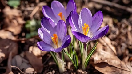 Fototapeta premium Three delicate purple crocus flowers emerging from rich brown soil amidst forest foliage, captured in morning light with visible pollen details. Ideal for garden center promotions, Easter greeting car