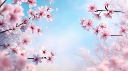 Obraz premium A serene scene of cherry blossoms against a soft blue background.