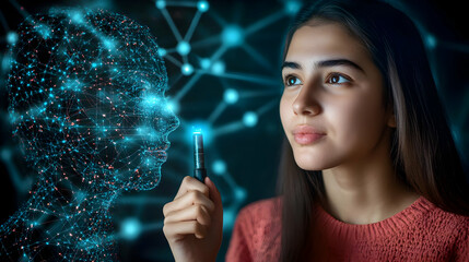 Obraz premium Photo of a Young Woman with Digital Representation of Face Technology