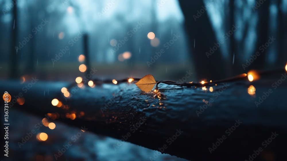 Leinwandbilder raindrops fall on a wet wooden surface a single leaf rests illuminated by warm fairy lights in a blu