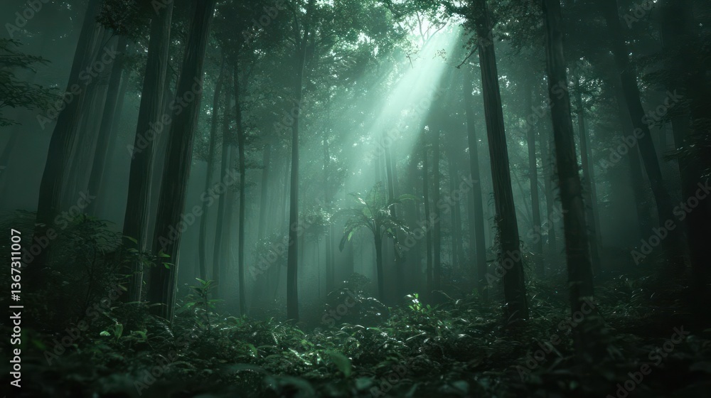 Poster lush green forest with tall trees bathed in ethereal light. beam of sunlight streams through the can