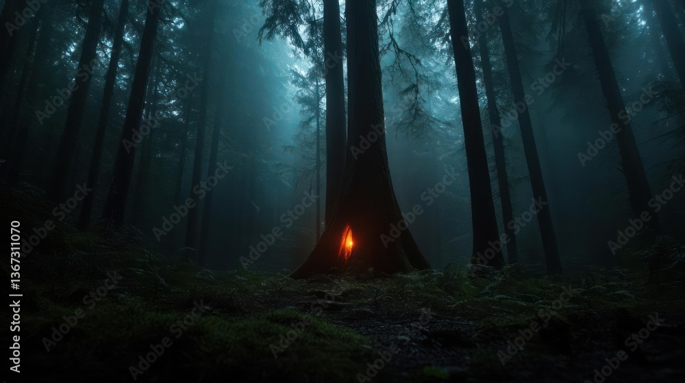 Fototapete dark forest with a glowing orange light at the base of a tree. mystical and eerie atmosphere. focus 