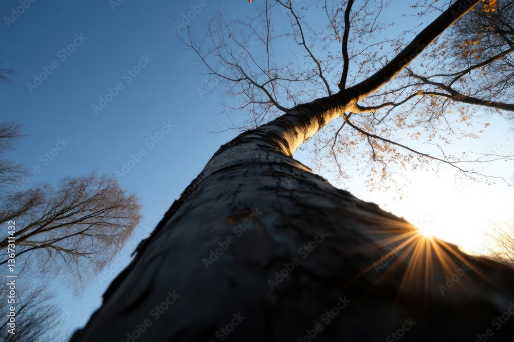 Aufkleber Low angle view of tree trunk with branches against blue sky and sunburst effect with warm sunlight during daytime