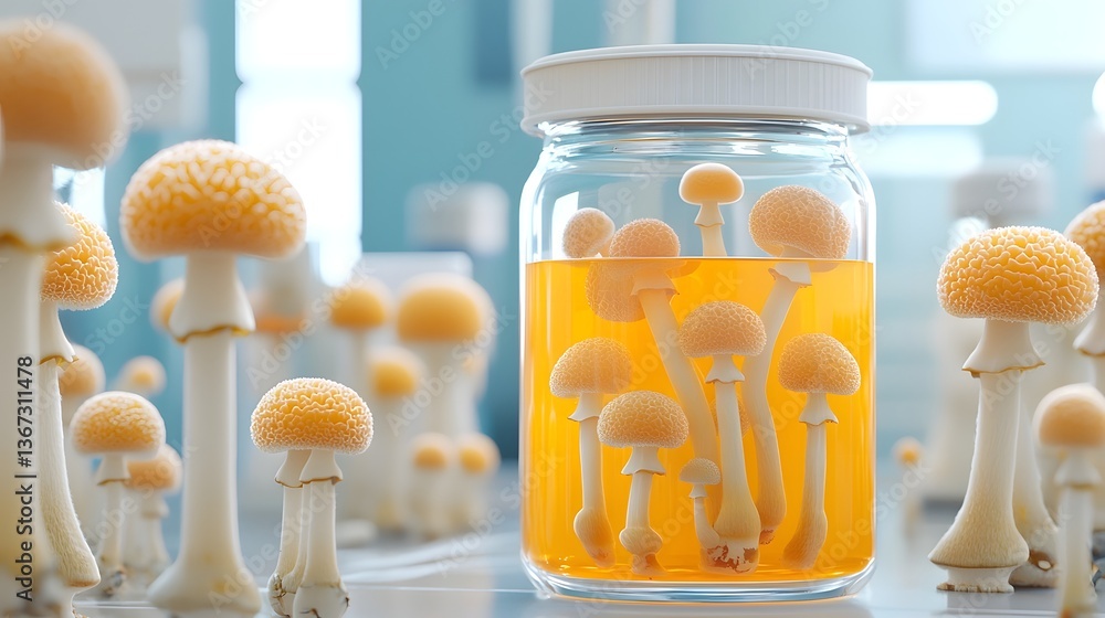 Poster glowing cordyceps extract suspended in an orange scientific solution conceptual image representing t