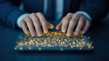 Fototapeta premium A person in a suit interacts with a glowing, digital interface, showcasing a blend of technology and innovation in a modern environment.