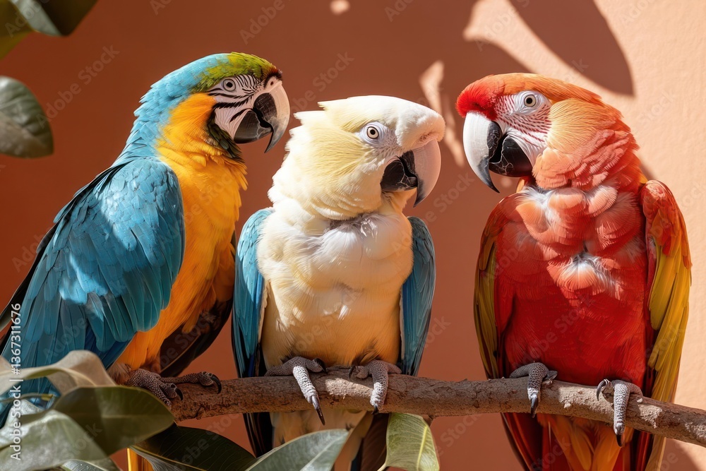 Poster three colorful parrots perched on a branch illuminated by sunlight against a blurred background