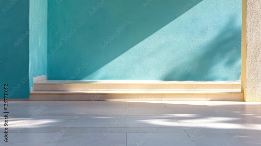 Poster architectural detail with a turquoise wall and shadow play creating a geometric composition. the sce