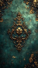 Ornate Gold Filigree on Textured Teal Background