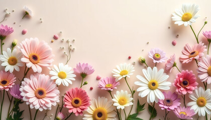 Fototapeta premium A beautiful bouquet of flowers with a pink and white background. The flowers are arranged in a way that they look like they are blooming. Scene is cheerful and uplifting