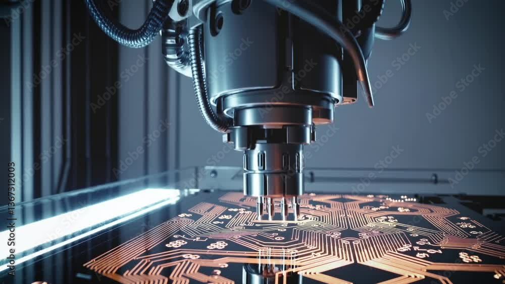 Aufkleber close-up of a robotic arm assembling microcircuits with copper traces under futuristic lighting in a
