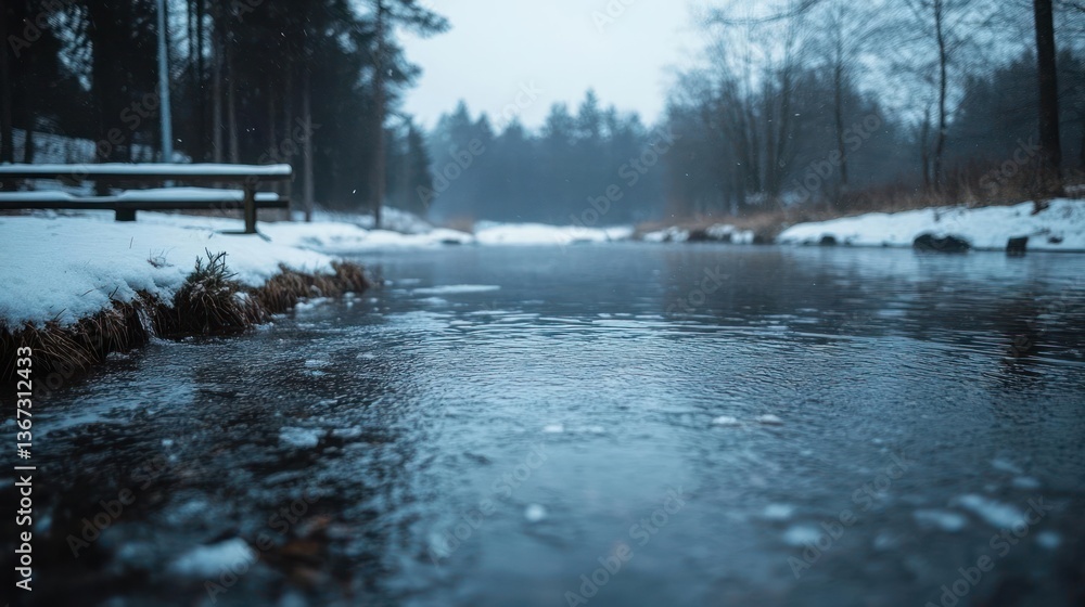 Poster frozen lake and snowy landscape with leafless trees and a park bench under overcast skies capturing 